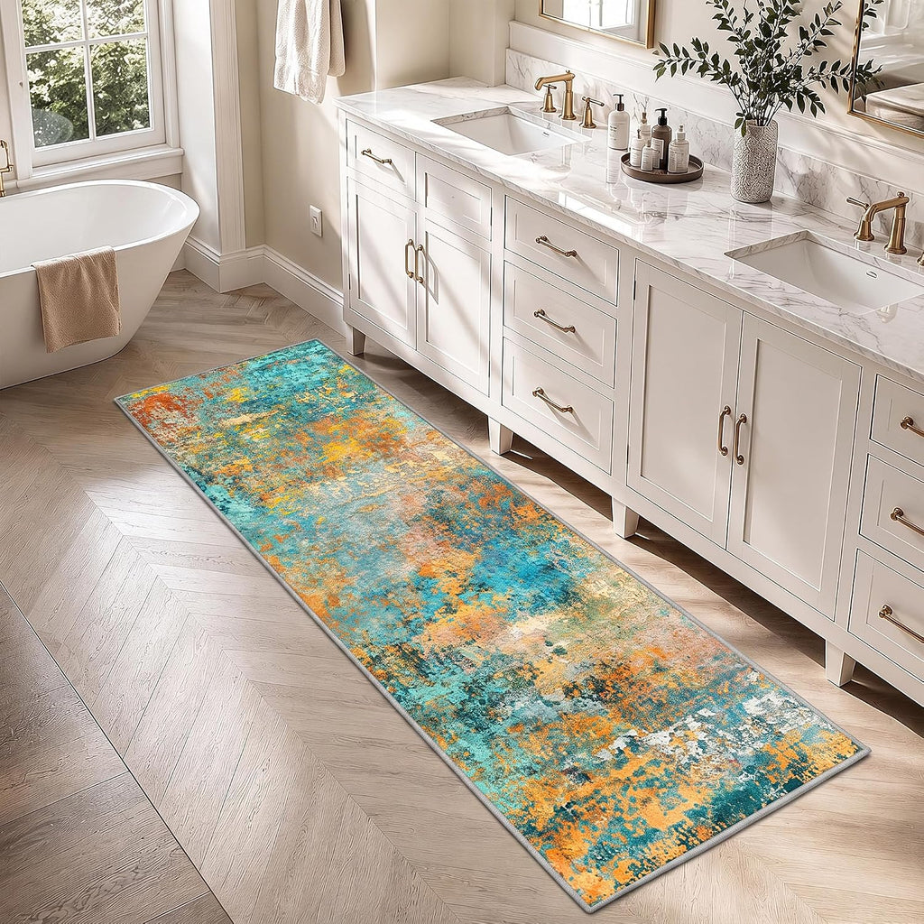2'x6' Teal / Orange Washable Non‑Slip Runner Rug