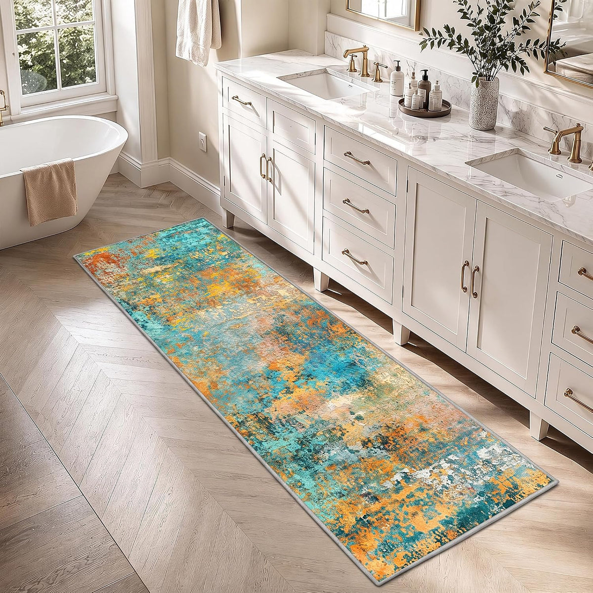 2'x6' Teal / Orange Washable Non‑Slip Runner Rug