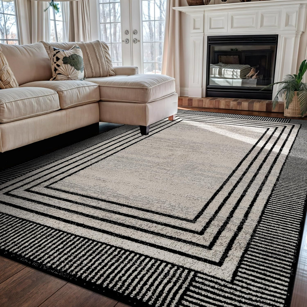 Geometric Bordered Area Rug Cream 5' x 7'
