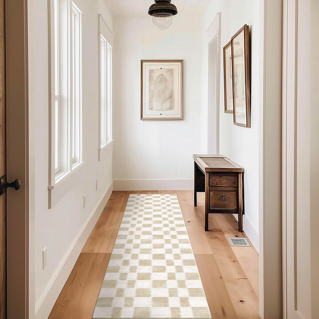 2'x8' Beige Checkered Faux‑Wool Runner Rug