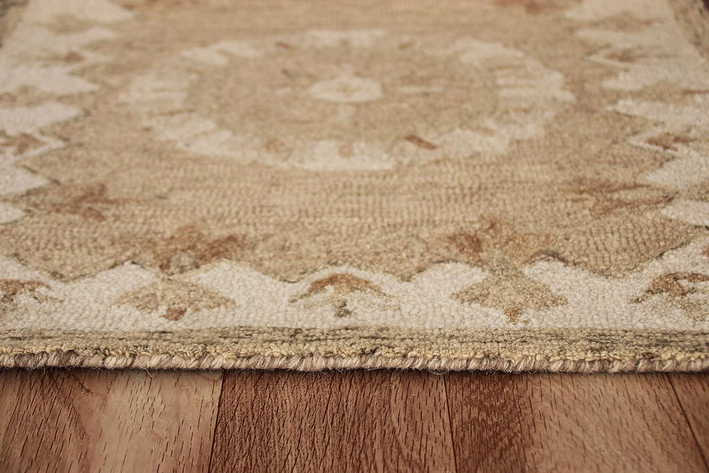 2'x7' Beige Medallion Wool Runner Rug