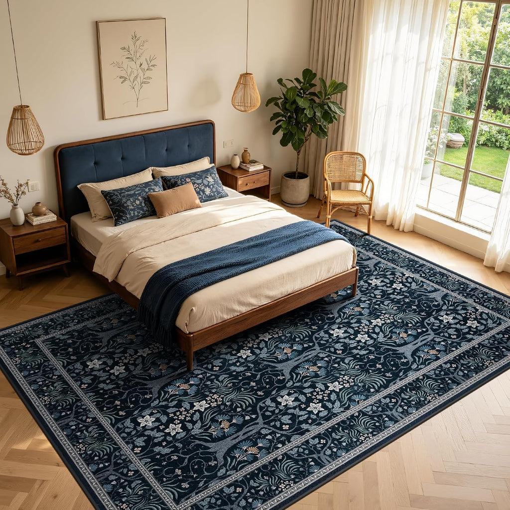 Boho Floral Vintage Washable Rug 5'x7' Dark Blue