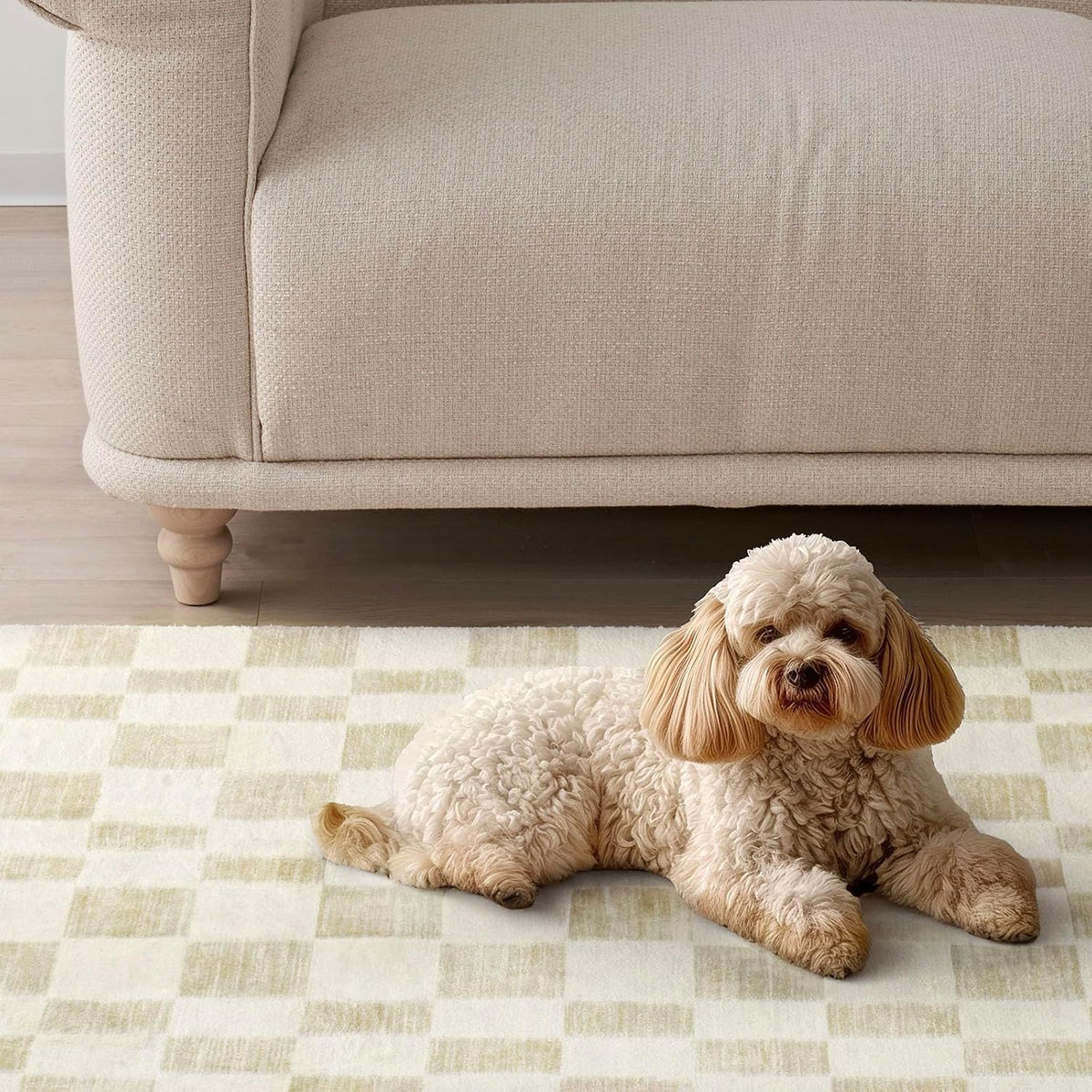 2'x8' Beige Checkered Faux‑Wool Runner Rug