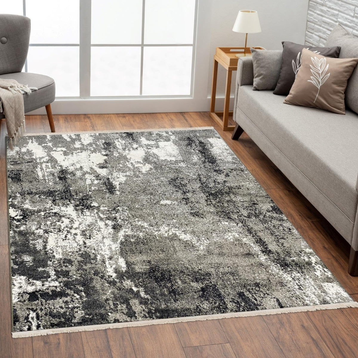 Abstract Fringed Area Rug Gray 5x7