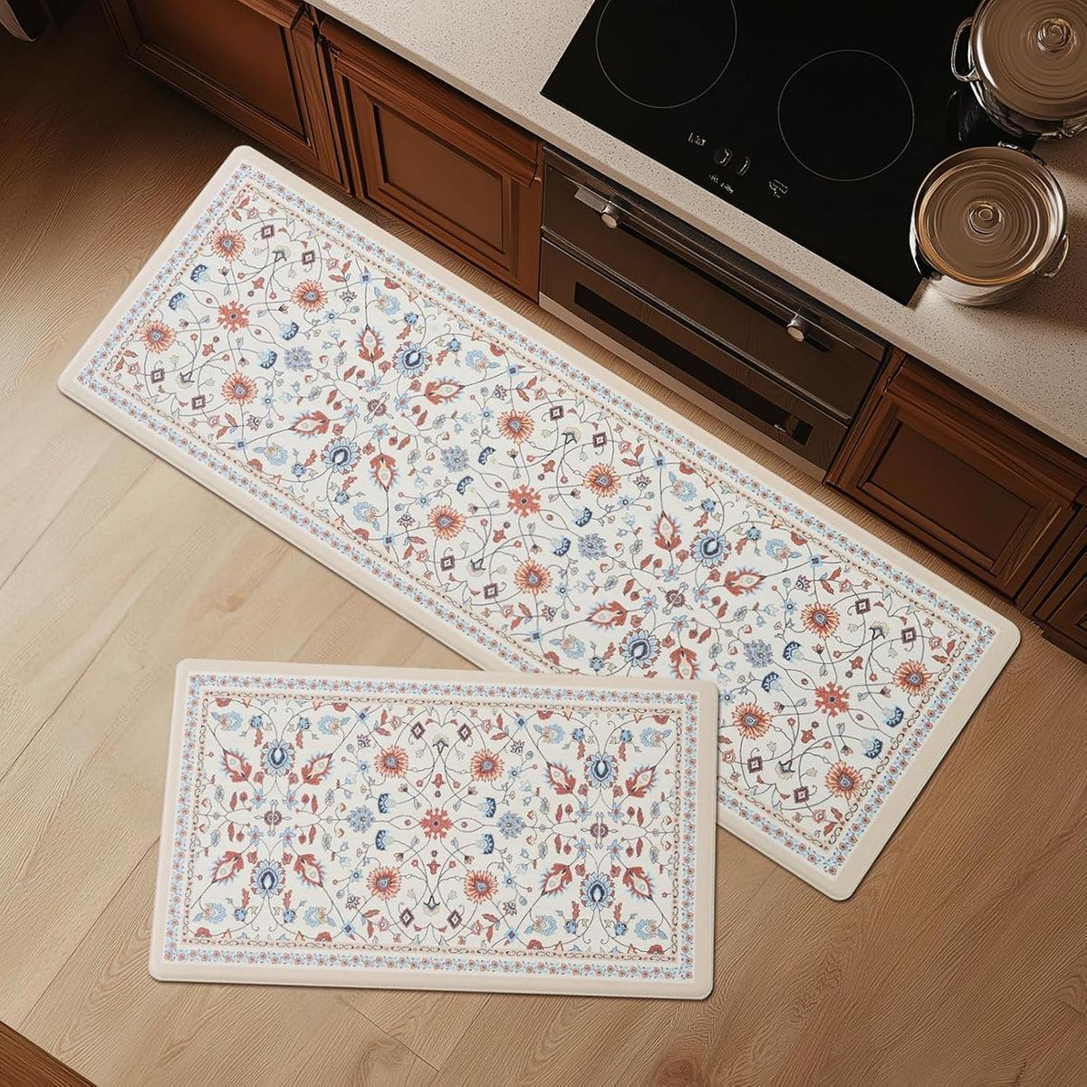 Vintage Floral Kitchen Mat Set 17x30+17x47 Beige