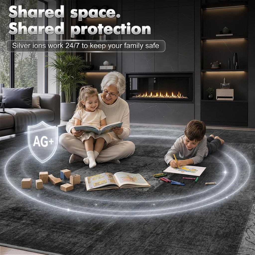 Silver Infused Washable Rug 6'x9' Black