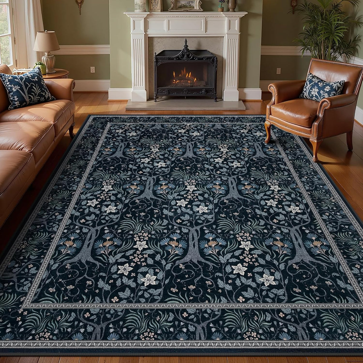 Boho Floral Vintage Washable Rug 5'x7' Dark Blue