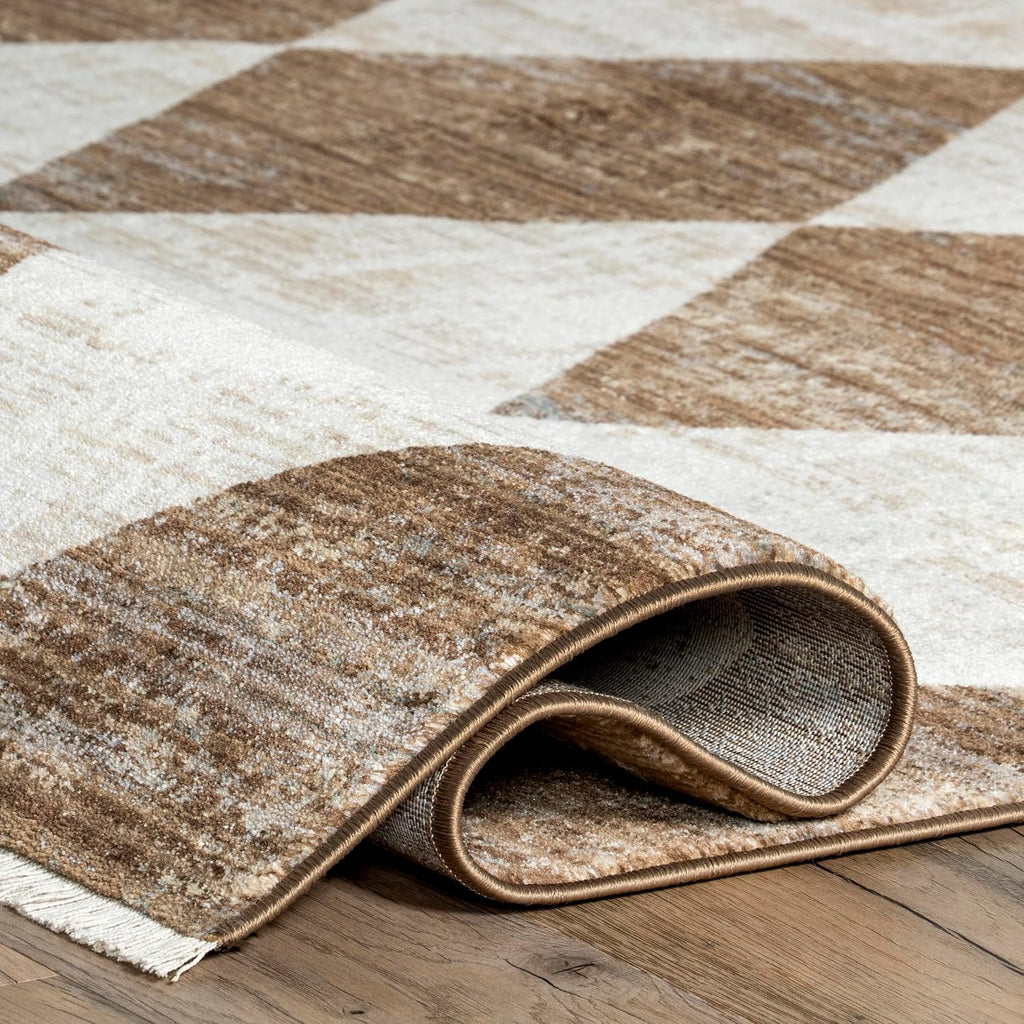 Fringed Checkered Rug 10'x13' Beige Blue Ivory