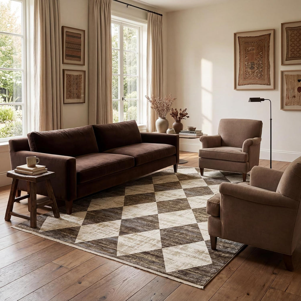 Fringed Checkered Rug 10'x13' Beige Blue Ivory