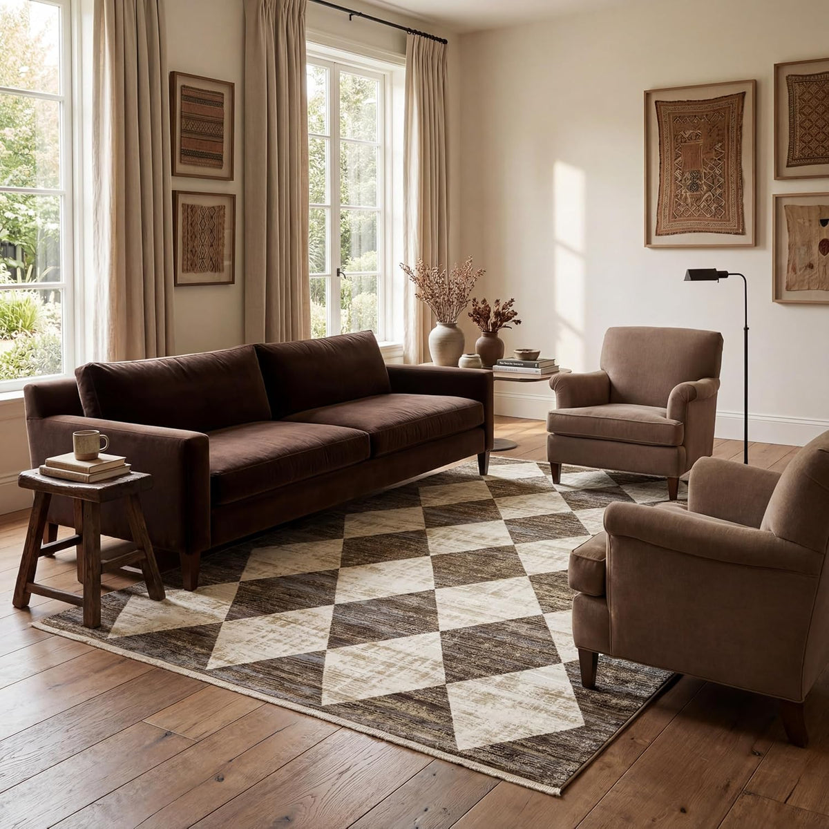 Fringed Checkered Rug 10'x13' Beige Blue Ivory
