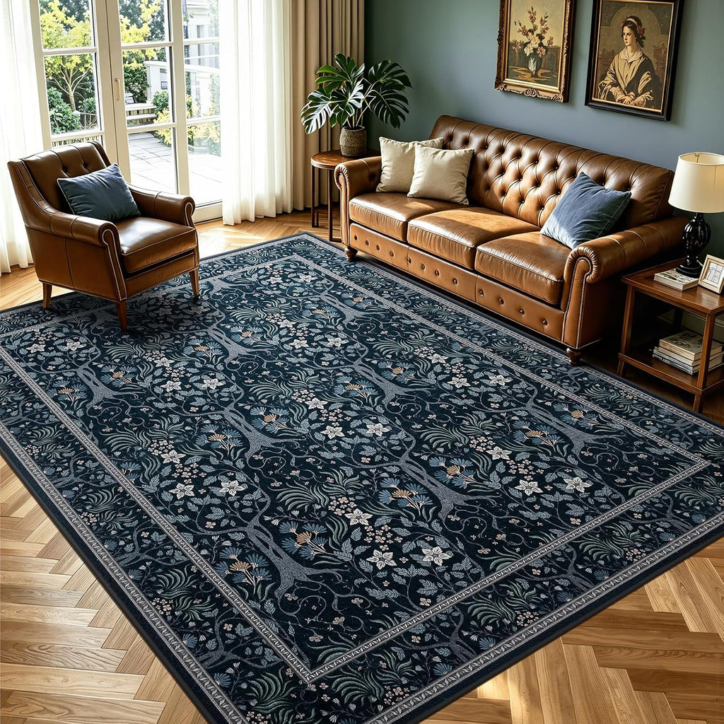 Boho Floral Vintage Washable Rug 5'x7' Dark Blue