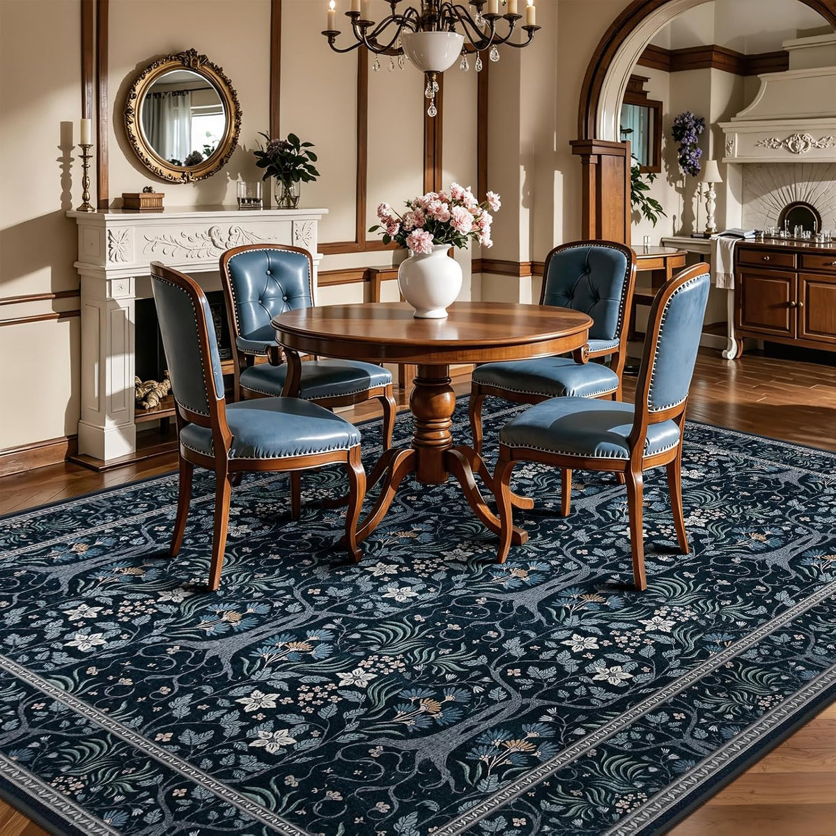 Boho Floral Vintage Washable Rug 5'x7' Dark Blue
