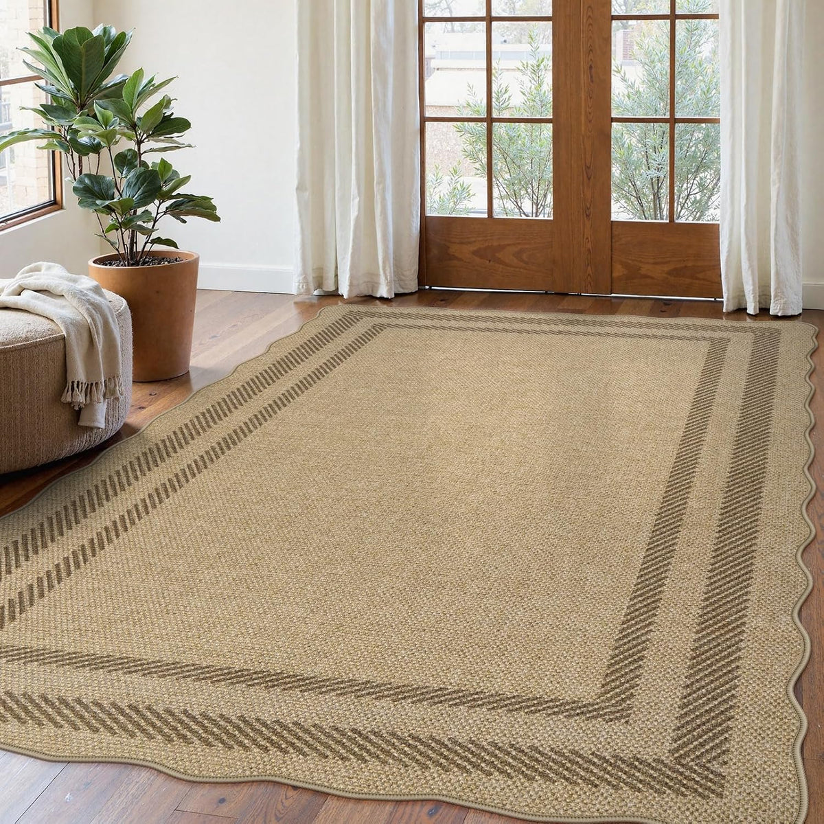 Scalloped Jute Washable Rug 5'x7' Tan