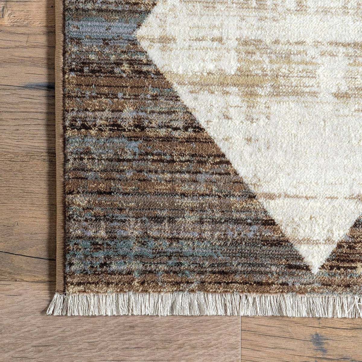 Fringed Checkered Rug 10'x13' Beige Blue Ivory