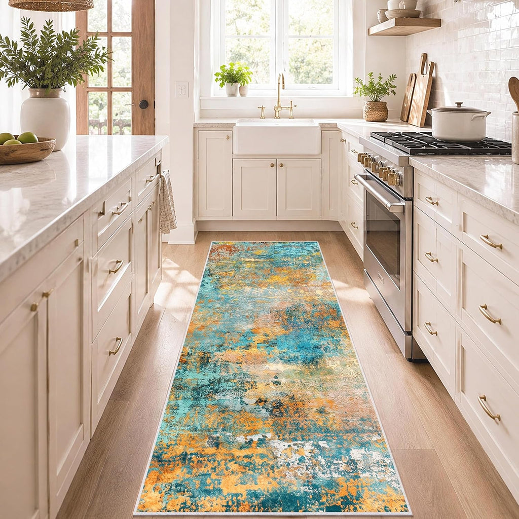 2'x6' Teal / Orange Washable Non‑Slip Runner Rug