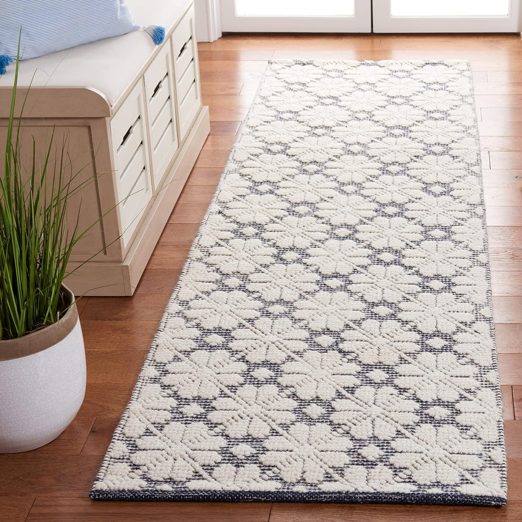 2'3"x8' Ivory & Navy Hand‑made Wool Runner Rug