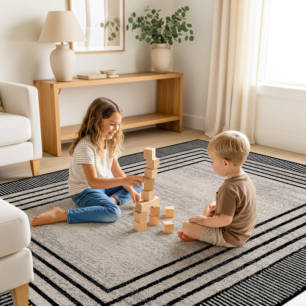 Geometric Bordered Area Rug Cream 5' x 7'