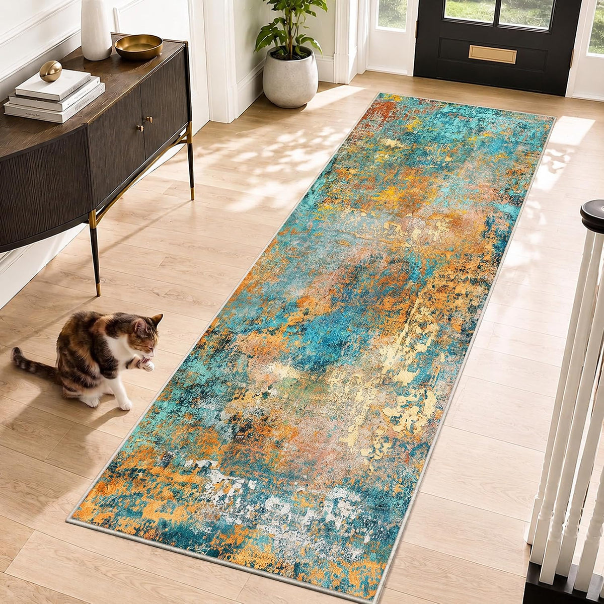 2'x6' Teal / Orange Washable Non‑Slip Runner Rug